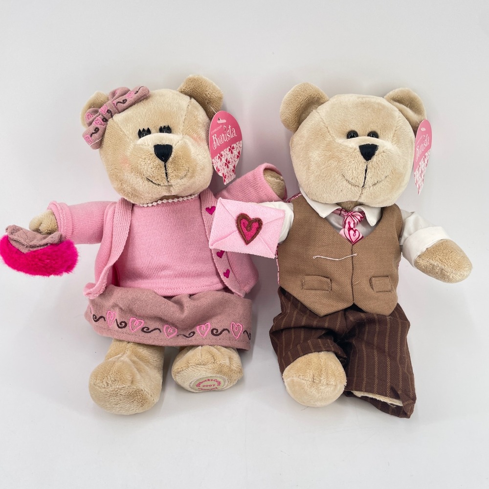 Starbucks Bearista Bears Plush Couple 2007 Valentines Day Pink Pearls card Tags